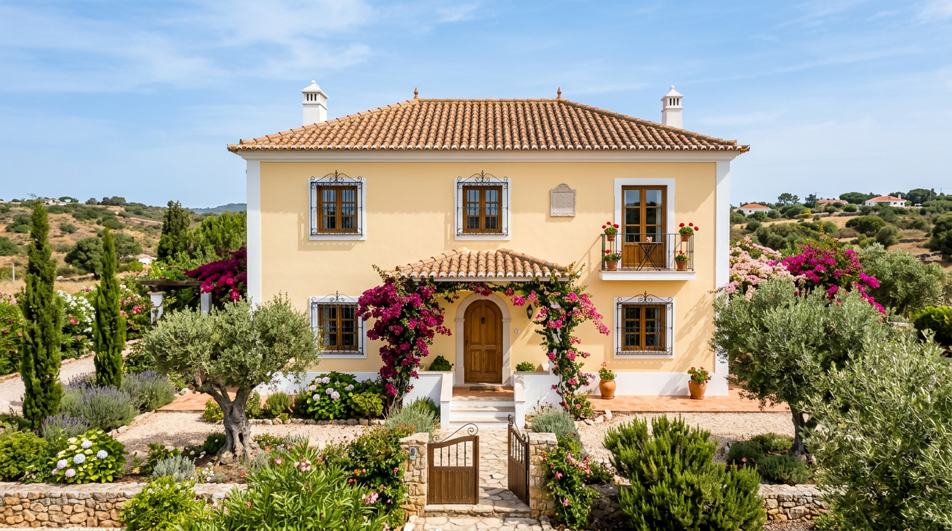 Freshly power-washed Portuguese house with terracotta roof and pastel rendered walls