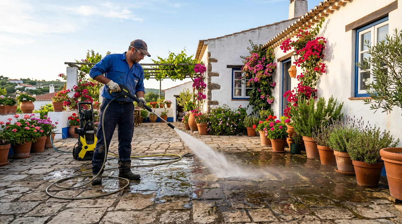 Pressure washing a stone terrace at a Portuguese home