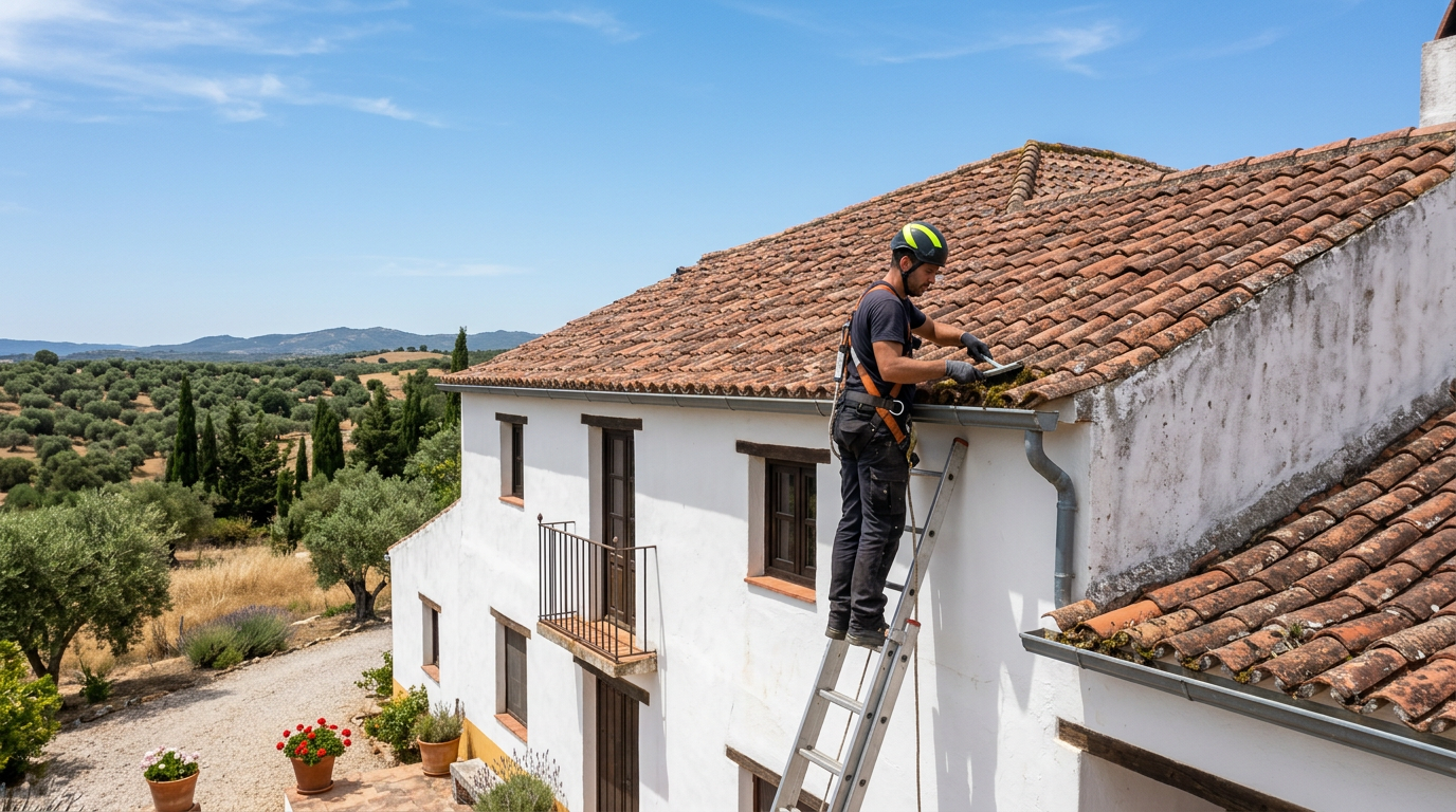 Roof and gutter cleaning on a Portuguese terracotta-tiled house
